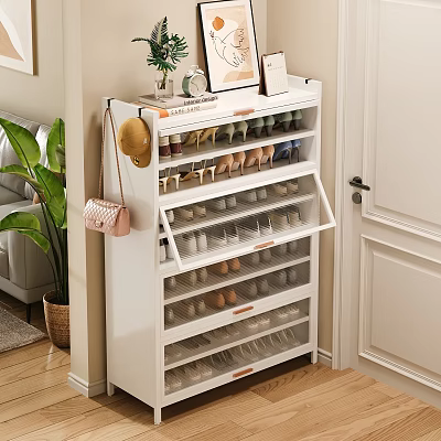 Modern White Shoe Cabinet With Transparent Doors Multiple Layers And Decorative Items On Top 3d model