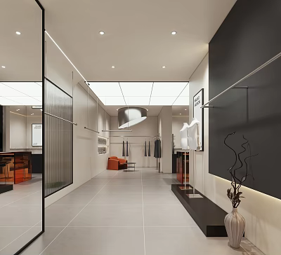 Modern Clothing Store Interior With Clothing Racks Mirrors Lighting And Stylish Seating 3d model