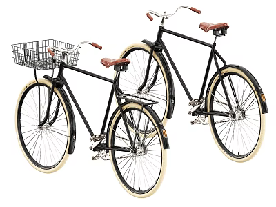 Two Black Classic Bicycles With Front Basket Brown Seats And White Wall Tires 3d model