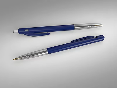 Two Blue Ballpoint Pens With Silver Accents Laid On Gray Surface 3d model