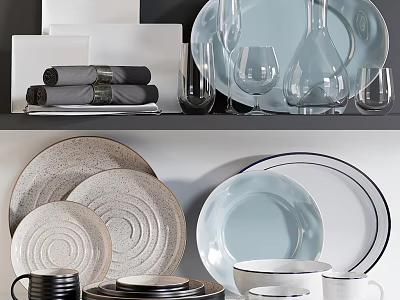 Minimalist Dinnerware Set With Gray White Light Blue Plates Mugs Bowls And Glasses 3d model