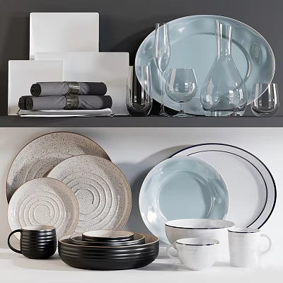 Minimalist Dinnerware Set With Gray White Light Blue Plates Mugs Bowls And Glasses 3d model