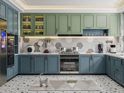 Modern Kitchen With Green And Blue Cabinets Glass Doors Countertop Appliances And Geometric Patterned Floor 3d model