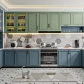 Modern Kitchen With Green And Blue Cabinets Glass Doors Countertop Appliances And Geometric Patterned Floor
