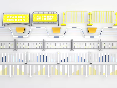 Various Safety Fencing Designs Including Yellow Temporary And White Striped Barriers with Bases 3d model