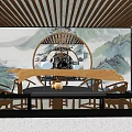 Modern Restaurant Open Space With Wooden Tables Chairs And Branch Texture Ceiling
