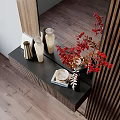 Modern Interior Design With Wooden Slat Partition Marble Wall Decorative Vase Red Flowers And Books