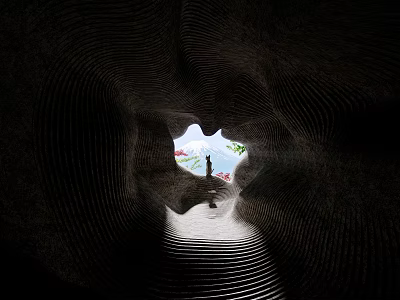 Dark Textured Tunnel Entrance with Person Standing and Scenic View of Water Plants Pink Flowers 3d model