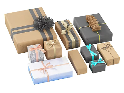 Decorative Ornament Set with Various Sized Wrapped Gift Boxes and Colored Ribbons 3d model