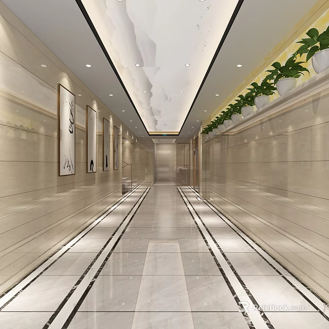 Elegant Elevator Hallway With Marble Floors Wall Decor And Green Plants 3d model