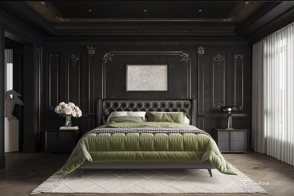 Elegant Bedroom With Dark Paneled Walls Tufted Headboard Dark Green Quilt And Framed Artwork 3d model 