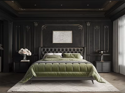Elegant Bedroom With Dark Paneled Walls Tufted Headboard Dark Green Quilt And Framed Artwork 3d model