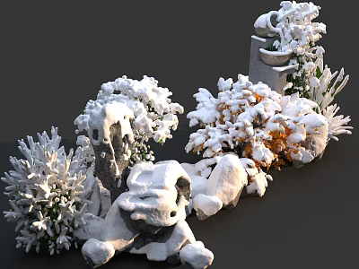 Snow Covered Garden Ornaments With Shrubs Stones And Decorative Elements 3d model