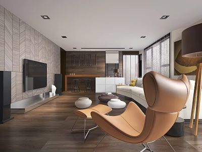 Modern Living Room Interior With Chevron Wall TV White Sofa And Orange Leather Chair 3d model