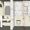 Modern Bathroom Interior With Floral Wallpaper Mirror Sink Toilet And Black White Tiled Floor