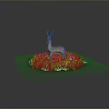 Deer Standing On Circular Area With Green Grass Red Flowers Against Gray Background