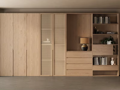 Modern Wooden Bookcase Design With Closed Cabinets Open Shelves Drawers Books And Decorative Lamp 3d model