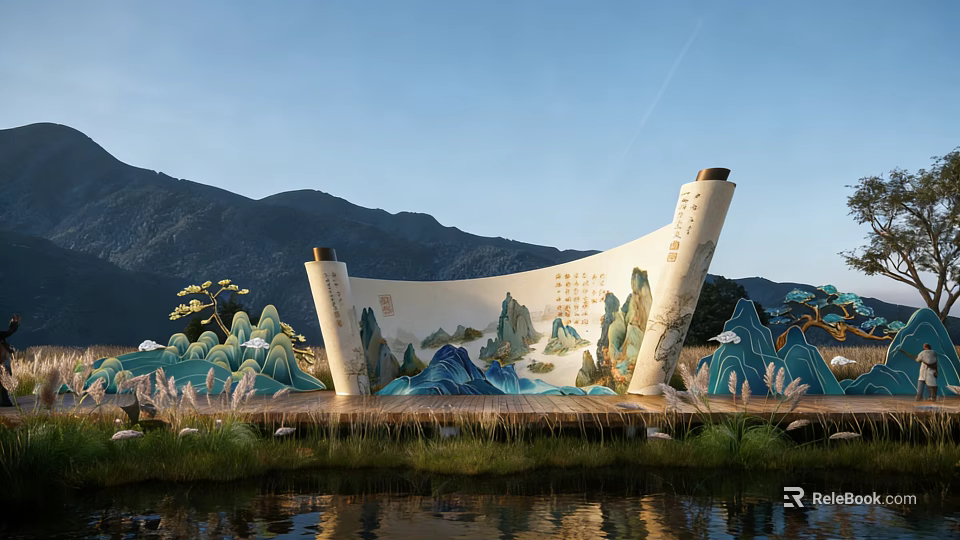 Scroll Shaped Landscape Sculpture With Traditional Chinese Landscape Painting And Mountain Backdrop 3d model 