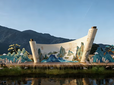 Scroll Shaped Landscape Sculpture With Traditional Chinese Landscape Painting And Mountain Backdrop 3d model