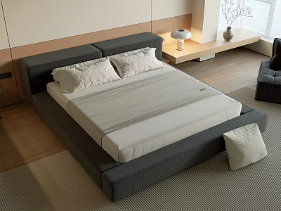 Double Bed with Gray Upholstered Frame White Striped Mattress and Modern Nightstand 3d model