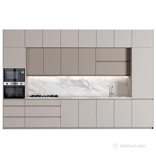 Modern Kitchen Cabinets With Built In Appliances And Marble Backsplash 3d model 