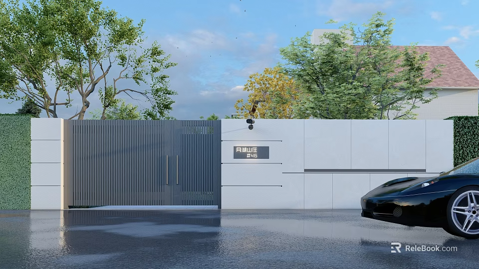 Modern Courtyard Garden With Metal Gate White Wall Green Trees And Black Car 3d model 