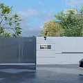Modern Courtyard Garden With Metal Gate White Wall Green Trees And Black Car