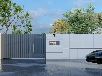 Modern Courtyard Garden With Metal Gate White Wall Green Trees And Black Car 3d model
