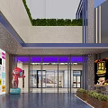 Vibrant Modern Commercial Street With Outdoor Seating Greenery Shops And Evening Pedestrians