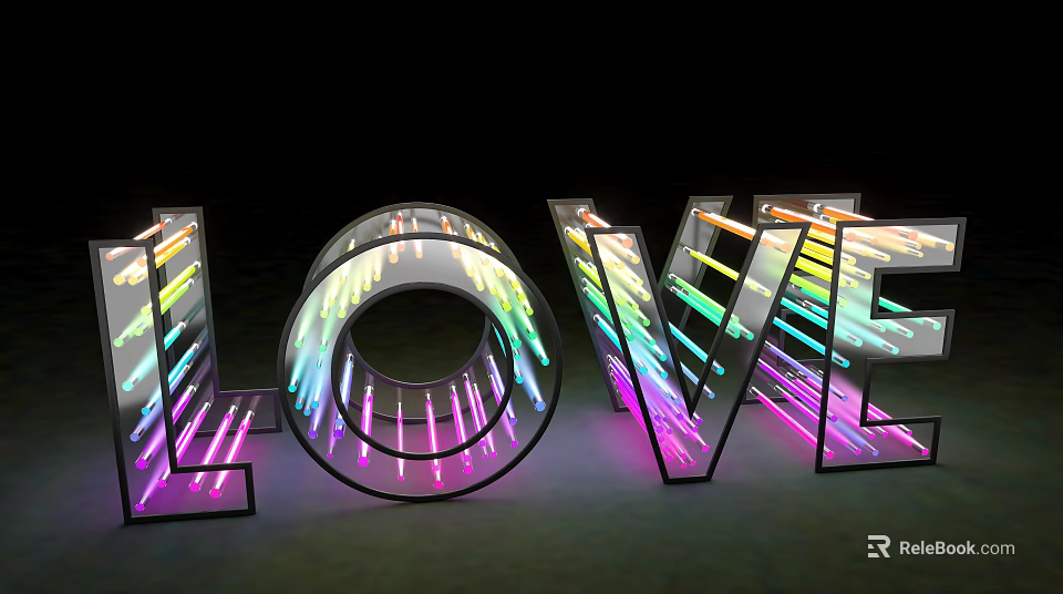 Roadside Neon Light Installation With Colorful Tubes Forming LOVE Sign 3d model 