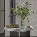 Green Vase with White Flowers and Green Plants on Marble Tabletop Wooden Tray Limes