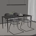 Modern Black Dining Table Set With Transparent Acrylic Chairs Pendant Light And Striped Rug