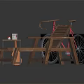 Wooden Recliner Chair With Small Side Table And Red Bicycle For Outdoor Relaxation Area