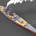 Gray Battleship with Orange Bottom Multiple Turrets Smoking Chimney and Deck Equipment 3d model