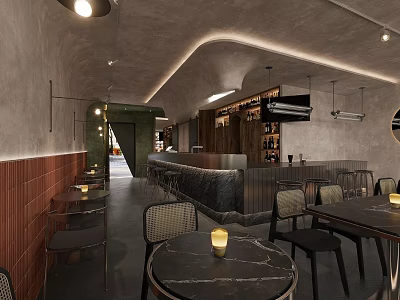 Modern Minimalist Café Interior With Marble Tables Black Chairs Wooden Walls Bar And Warm Lighting 3d model