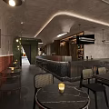 Modern Minimalist Café Interior With Marble Tables Black Chairs Wooden Walls Bar And Warm Lighting