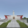 Ancient Chinese Architecture With Traditional Curved Eaves Red Pillars And Front Statue In Stone Courtyard