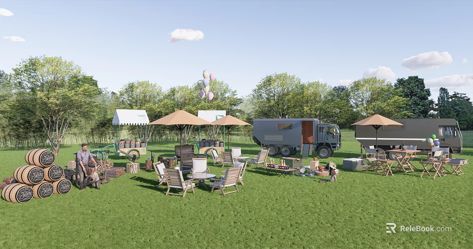 Outdoor Camping Site With Green Grass Trees Tables Chairs And Food Truck 3d model 