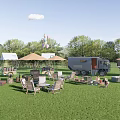 Outdoor Camping Site With Green Grass Trees Tables Chairs And Food Truck