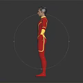 Superhero Character In Red Bodysuit With Golden Patterns Standing Arms Outstretched Dark Background