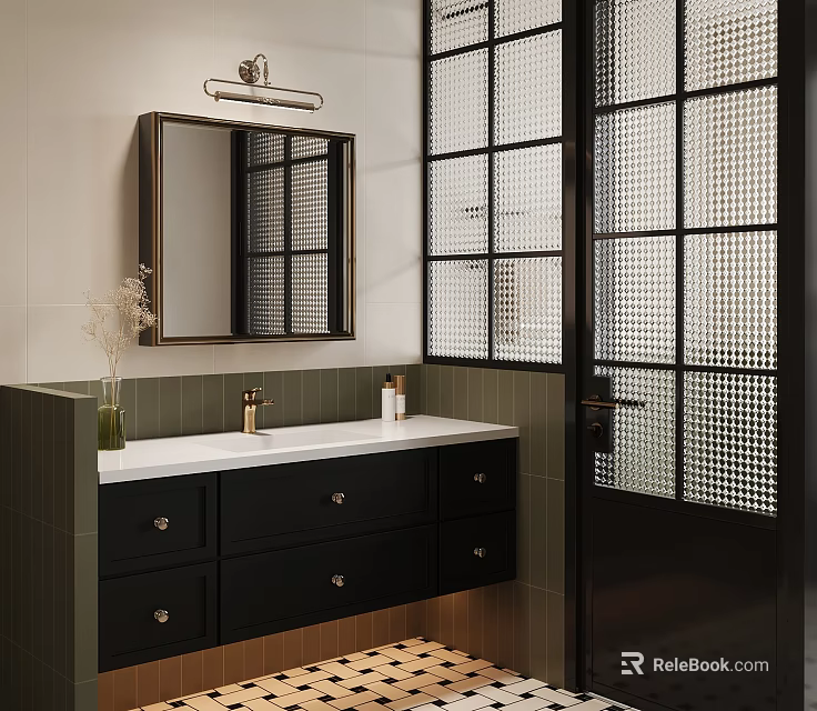 Modern Bathroom Interior With Green Tiles Black Vanity Wall Mirror And Grid Patterned Door 3d model 