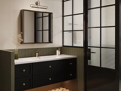 Modern Bathroom Interior With Green Tiles Black Vanity Wall Mirror And Grid Patterned Door 3d model