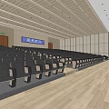 Spacious Conference Room With Grid Ceiling Large Screen Side Displays And Rows Of Seats
