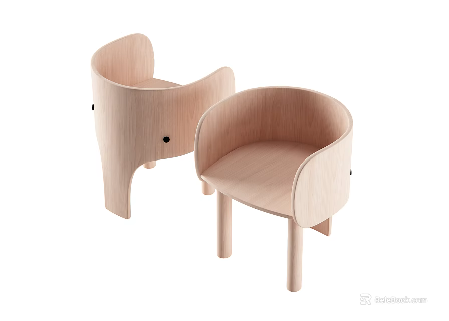 Two Light Wooden Leisure Chairs with Minimalist Curved Backrest Armrests and Straight Legs 3d model 