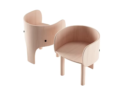 Two Light Wooden Leisure Chairs with Minimalist Curved Backrest Armrests and Straight Legs 3d model