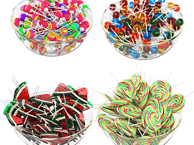 Assorted Colorful Lollipops In Glass Bowls With Various Designs And Flavors Displayed 3d model