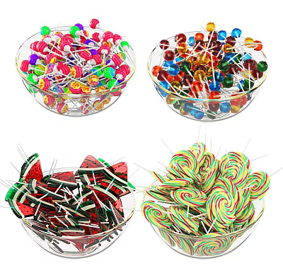 Assorted Colorful Lollipops In Glass Bowls With Various Designs And Flavors Displayed 3d model