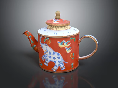 Traditional Red Teapot with Blue Elephant Bird Patterns and Decorative Woven Lid 3d model