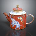 Traditional Red Teapot with Blue Elephant Bird Patterns and Decorative Woven Lid