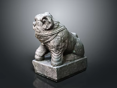 Ancient Stone Lion Statue Kneeling On Square Pedestal With Carved Details 3d model